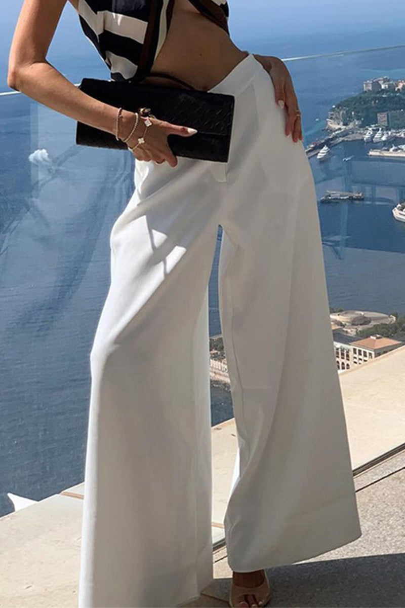 Pantalones casuales de uso diario de color sólido con bolsillos, sueltos, de cintura media, rectos, de color sólido