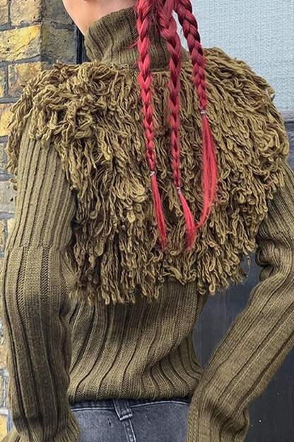 Suéteres casuales de cuello alto con cremallera y ribete de flecos de color liso