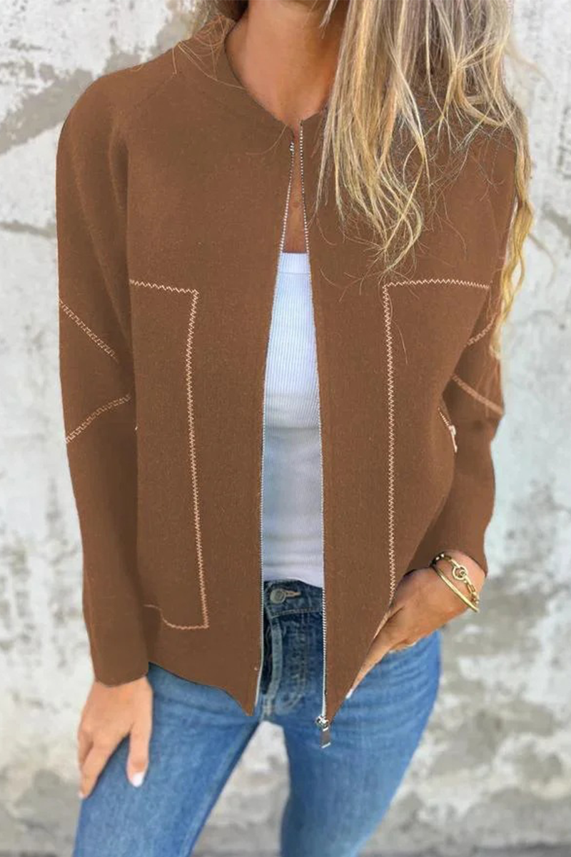 Prendas de abrigo informales de diario con bolsillos, patchwork, cremallera y cuello redondo (8 colores)