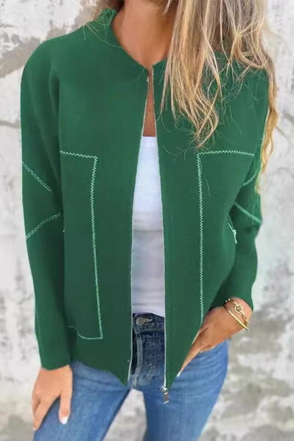 Prendas de abrigo informales de diario con bolsillos, patchwork, cremallera y cuello redondo (8 colores)