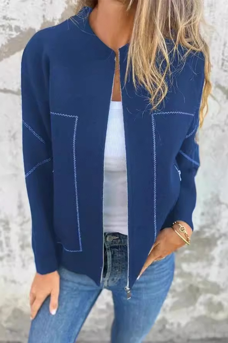 Prendas de abrigo informales de uso diario con cuello redondo, cremallera y bolsillos de color liso (8 colores)