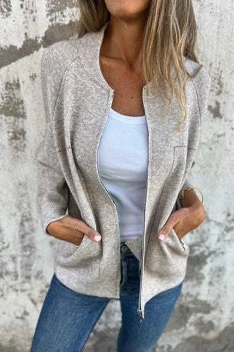 Prendas de abrigo informales de uso diario con cuello redondo, cremallera y bolsillos de color liso (8 colores)