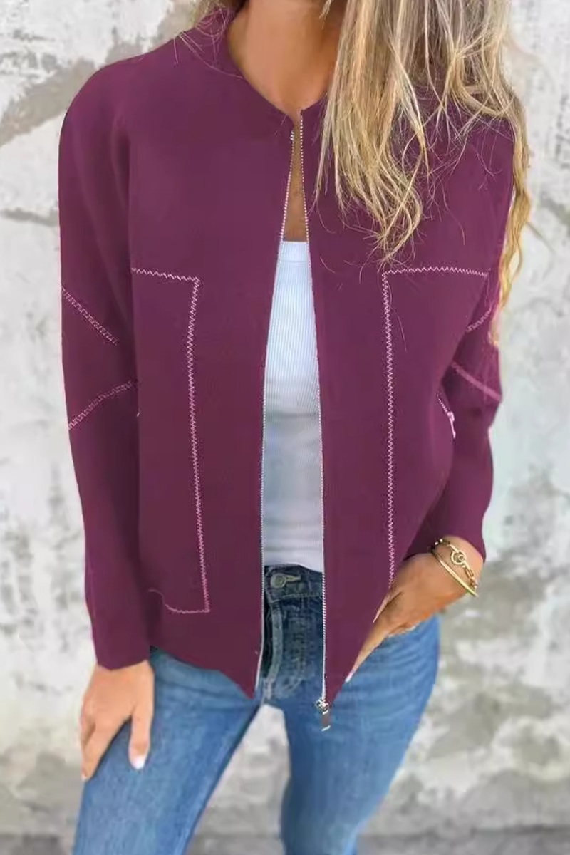 Prendas de abrigo informales de diario con bolsillos, patchwork, cremallera y cuello redondo (8 colores)