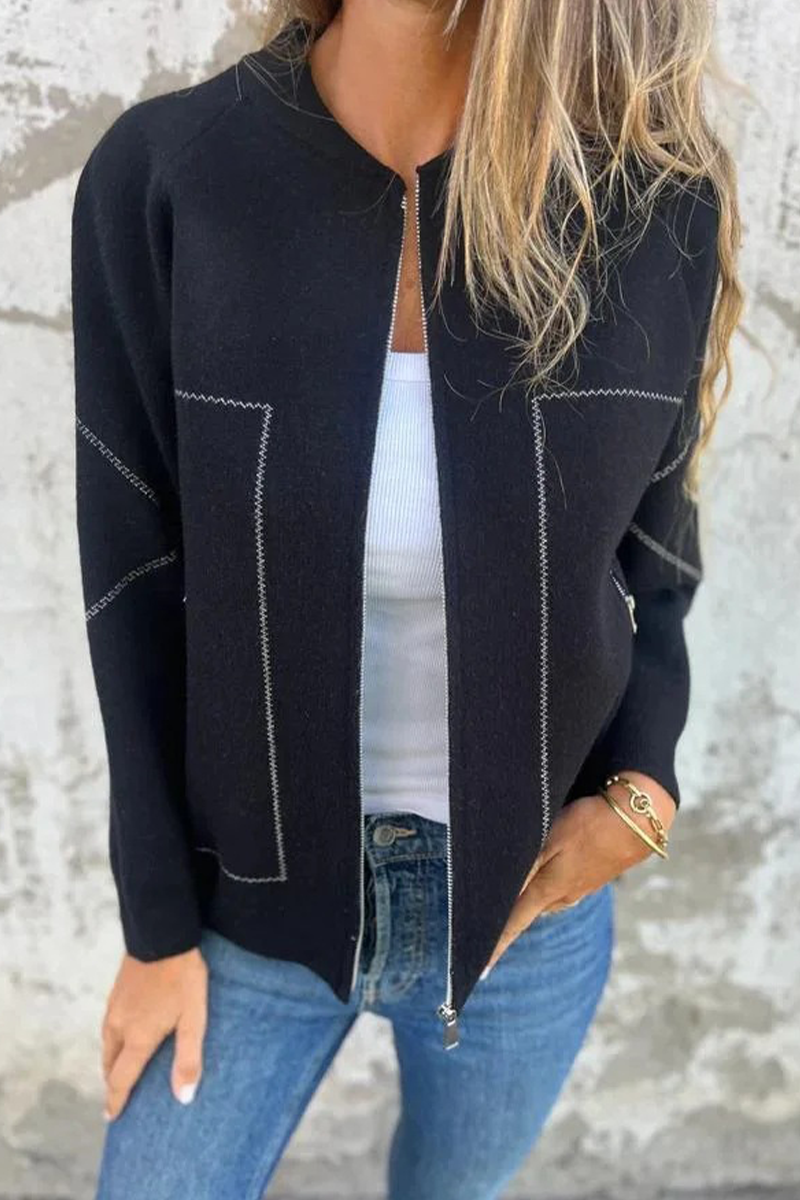 Prendas de abrigo informales de diario con bolsillos, patchwork, cremallera y cuello redondo (8 colores)