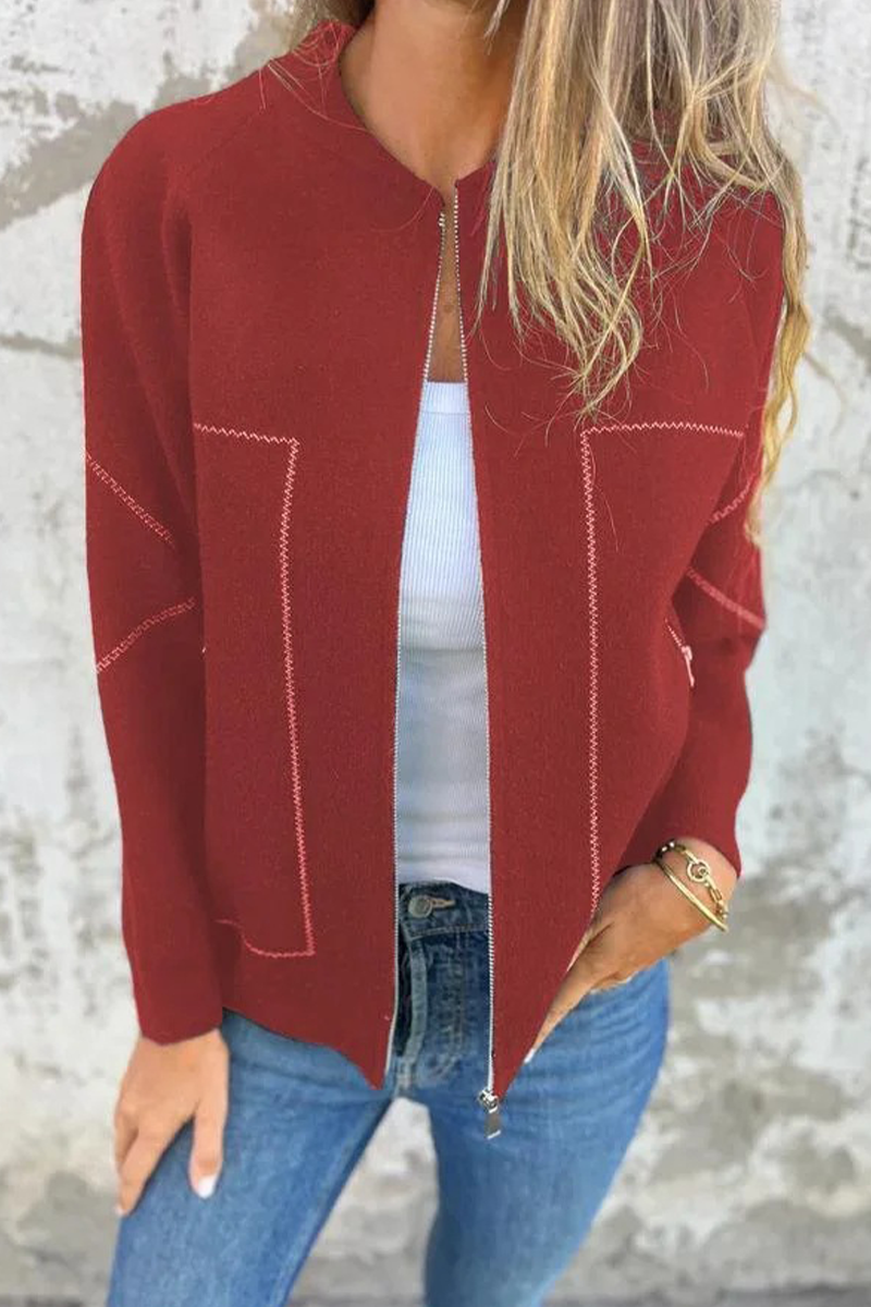 Casual Daily Solid Color Pocket Patchwork Zipper O Neck Outerwear(8 Colors)