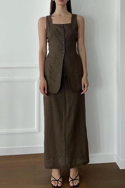 Conjunto informal de dos piezas con cuello cuadrado, sin mangas, color liso, bolsillos, botones y bolsillos