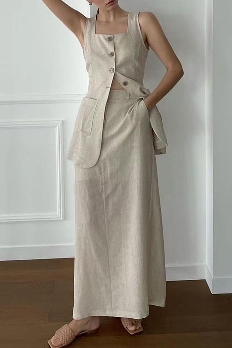 Conjunto informal de dos piezas con cuello cuadrado, sin mangas, color liso, bolsillos, botones y bolsillos