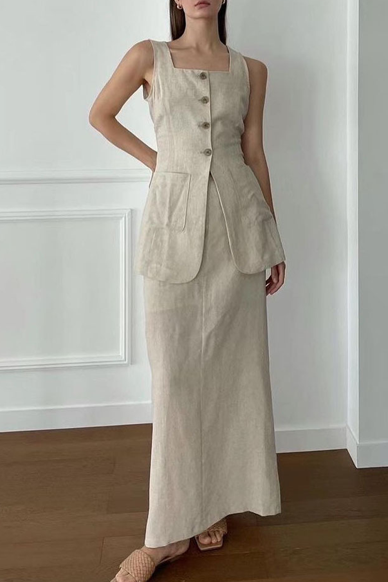 Conjunto informal de dos piezas con cuello cuadrado, sin mangas, color liso, bolsillos, botones y bolsillos