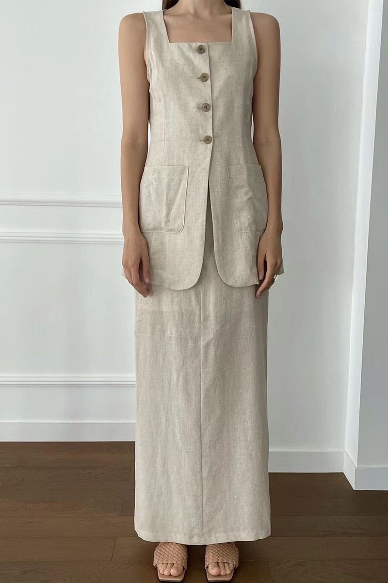 Conjunto informal de dos piezas con cuello cuadrado, sin mangas, color liso, bolsillos, botones y bolsillos