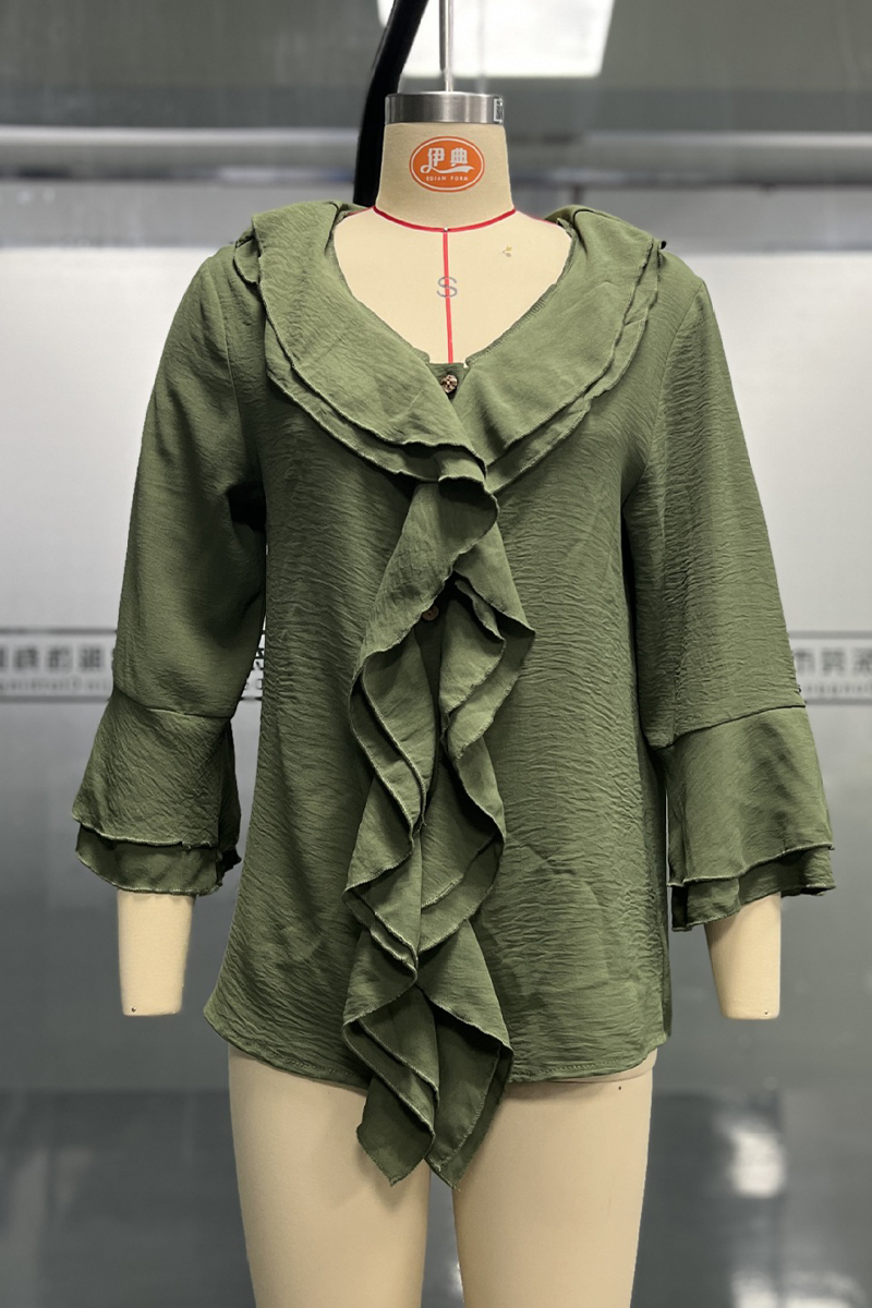 Blusas casuales de cuello en V con volantes de color liso para uso diario (7 colores)