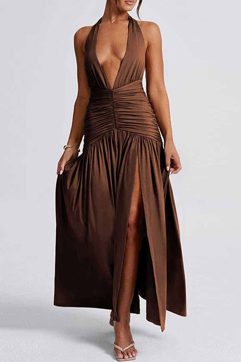 Vestidos sexis sin mangas con cuello halter y abertura en color sólido (3 colores)