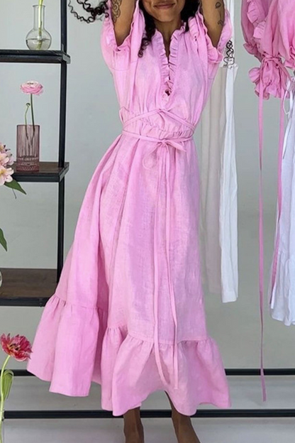 Vestido informal de diario de color sólido con cordones, cuello en V y volantes, corte A y manga corta