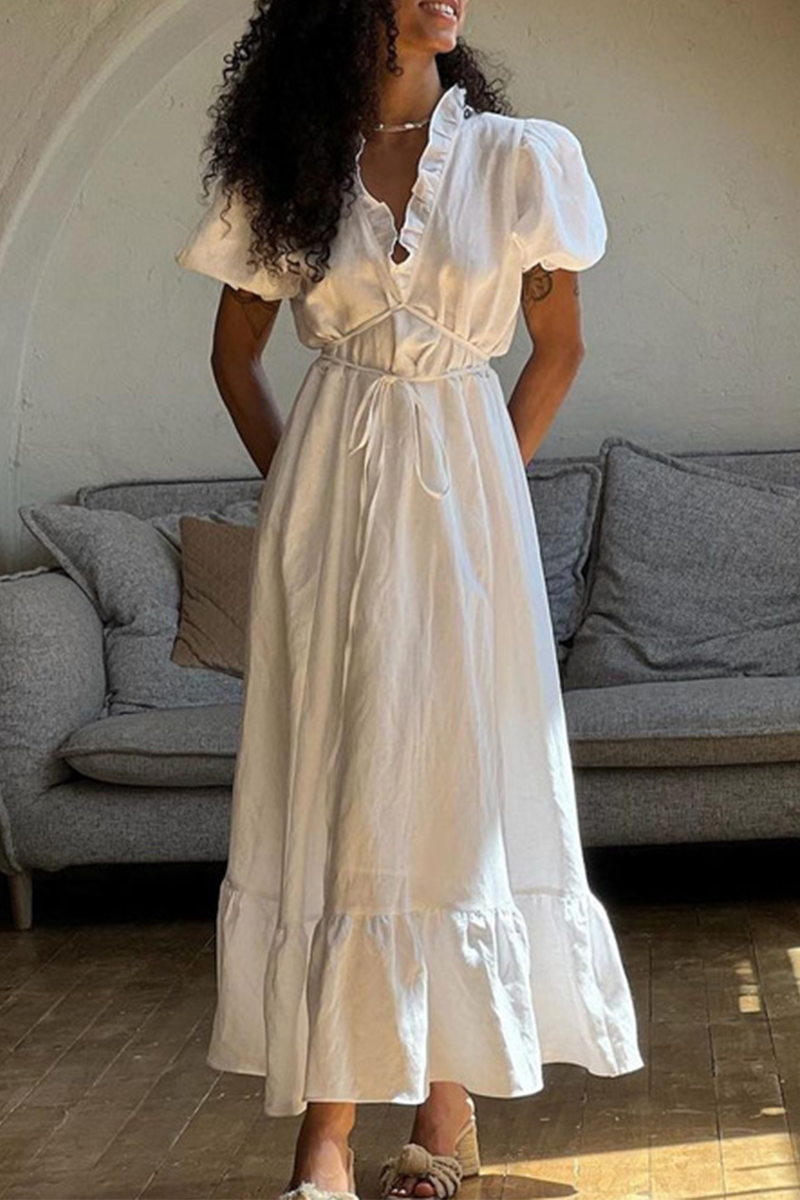 Vestido informal de diario de color sólido con cordones, cuello en V y volantes, corte A y manga corta