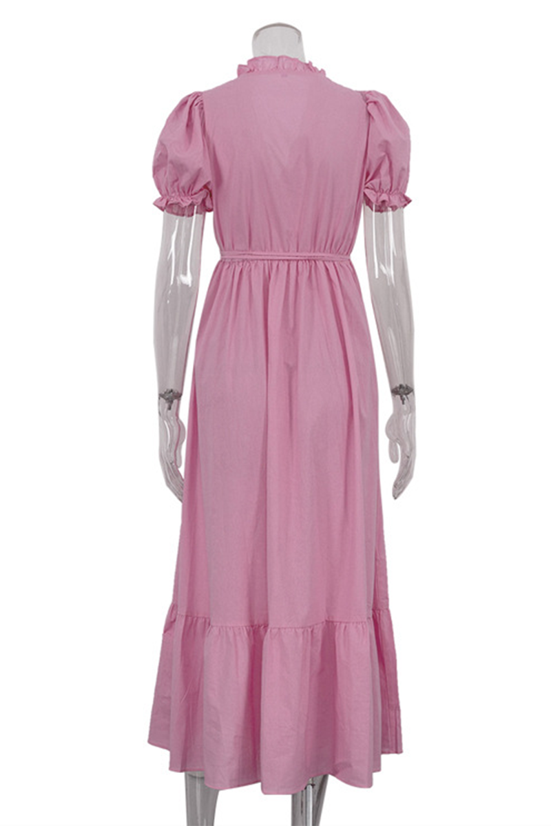 Vestido informal de diario de color sólido con cordones, cuello en V y volantes, corte A y manga corta