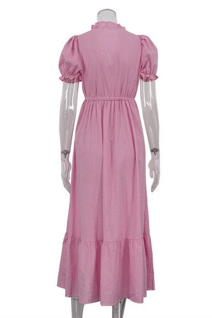 Vestido informal de diario de color sólido con cordones, cuello en V y volantes, corte A y manga corta