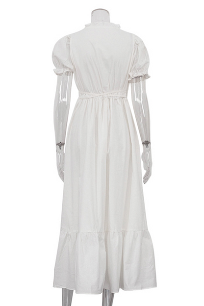 Vestido informal de diario de color sólido con cordones, cuello en V y volantes, corte A y manga corta