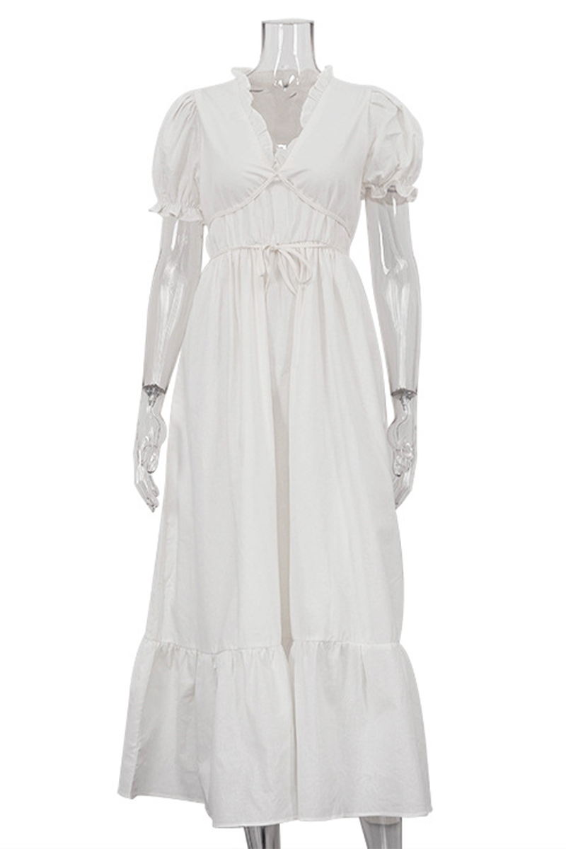 Vestido informal de diario de color sólido con cordones, cuello en V y volantes, corte A y manga corta