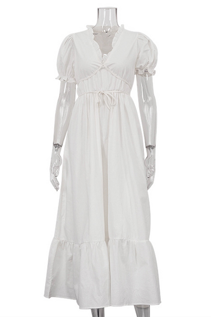 Vestido informal de diario de color sólido con cordones, cuello en V y volantes, corte A y manga corta