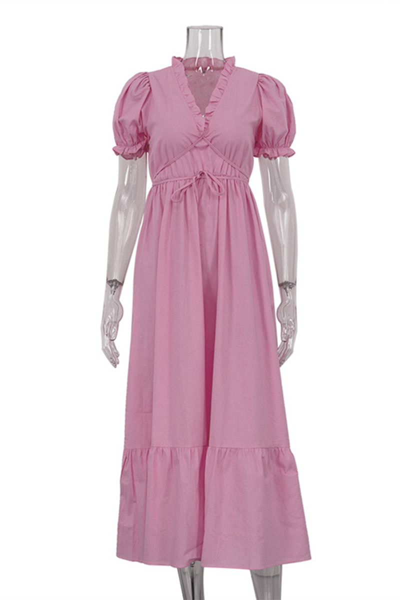 Vestido informal de diario de color sólido con cordones, cuello en V y volantes, corte A y manga corta