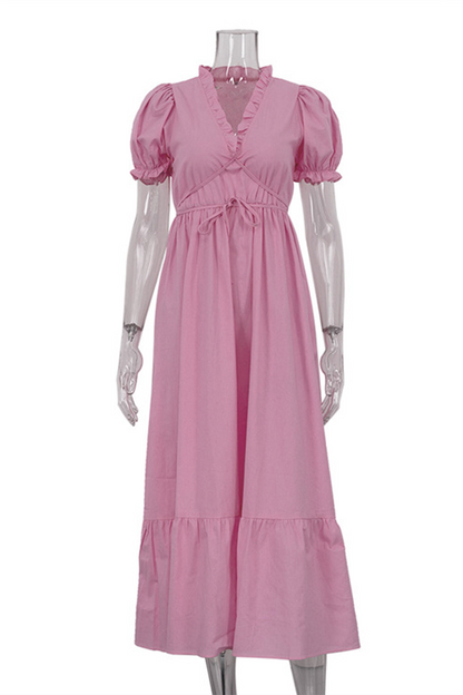 Vestido informal de diario de color sólido con cordones, cuello en V y volantes, corte A y manga corta