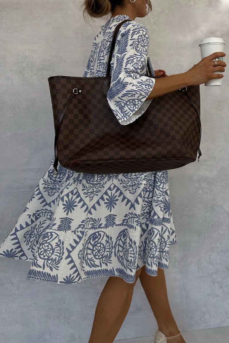 Vestidos casuales de corte A con cuello en V y estampado floral de patchwork