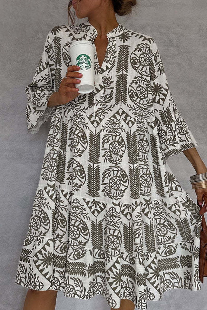 Vestidos casuales de corte A con cuello en V y estampado floral de patchwork