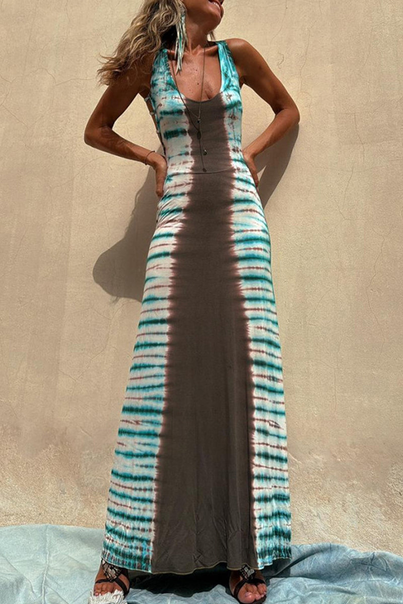 Vestidos sexis de falda de un solo paso con escote en U y espalda descubierta con estampado tie-dye