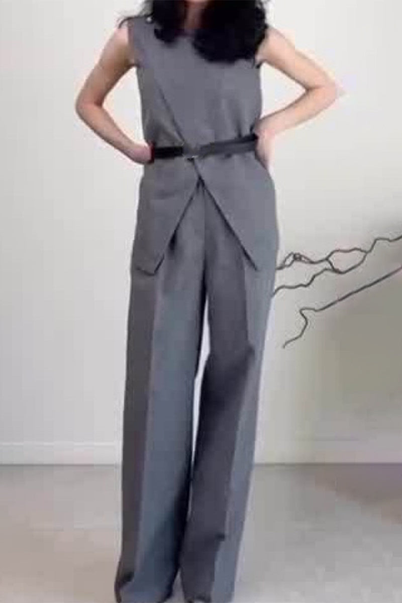 Elegante simplicidad, sólido, bolsillo, cuello redondo, sin mangas, dos piezas