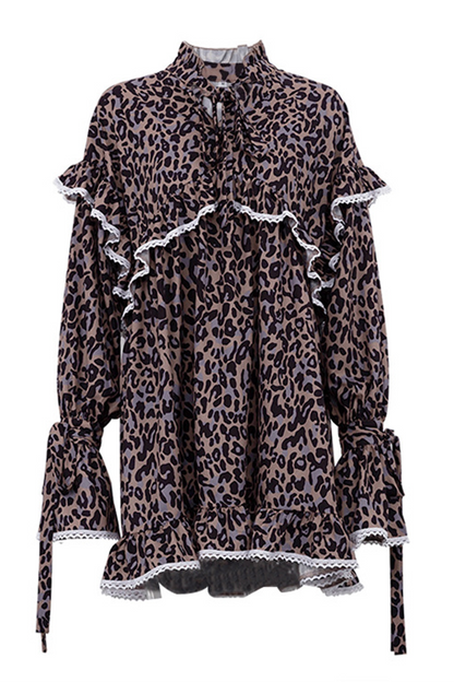 Elegant Leopard Print Flowers Lace Up Patchwork Ruffle Half A Turtleneck A Line Dresses(3 Colors)