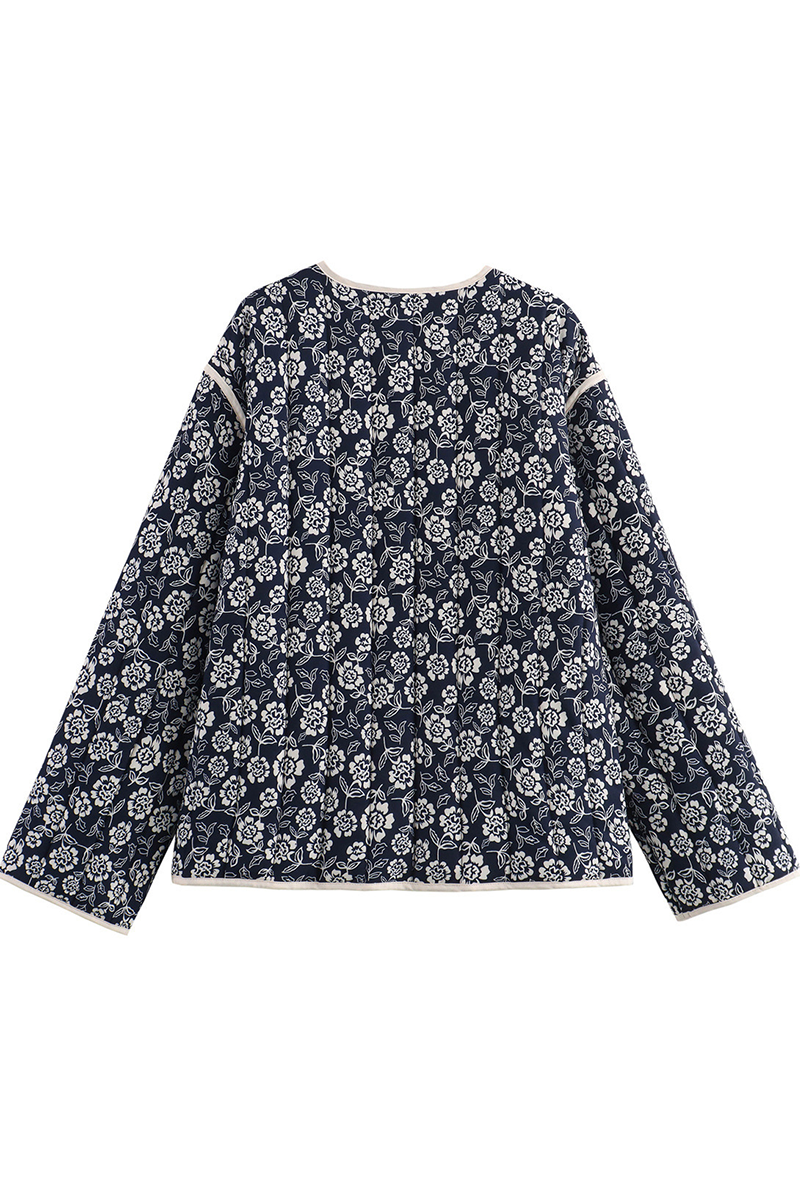 Prendas de abrigo informales con cuello en V y bolsillos de patchwork con flores de calle