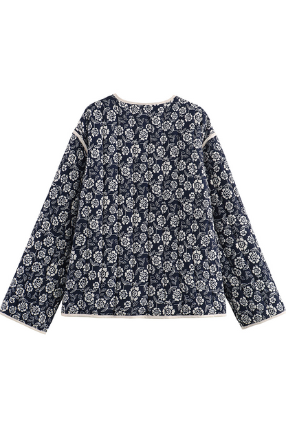 Prendas de abrigo informales con cuello en V y bolsillos de patchwork con flores de calle