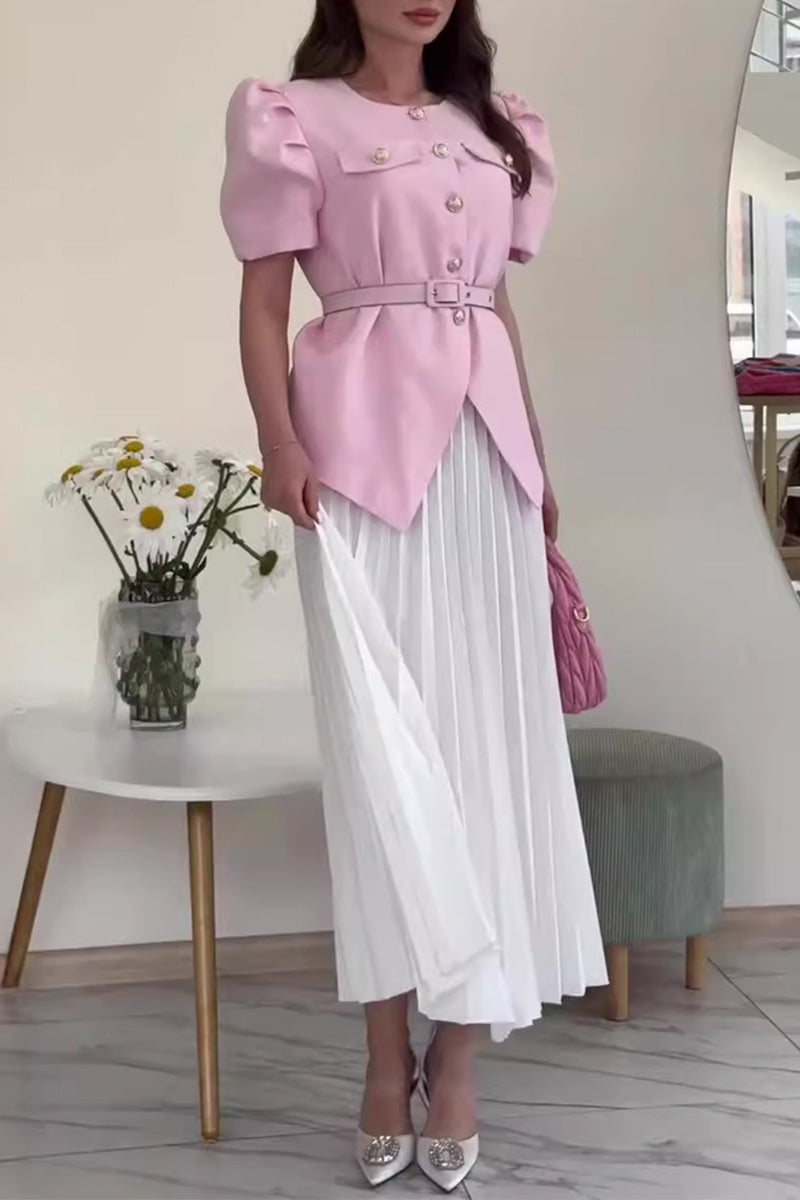 Celebrities Elegant Buttons Patchwork O Neck Short Sleeve Two Pieces(4 Colors)