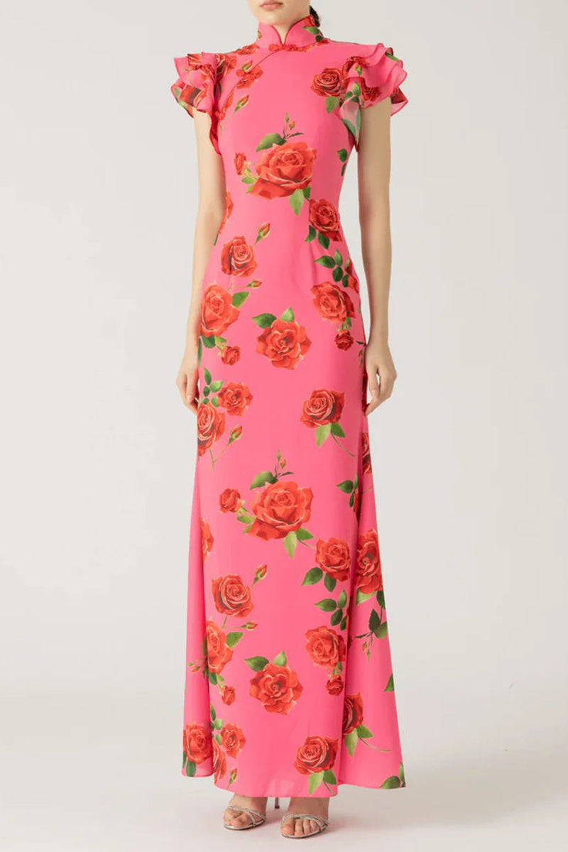 Elegante vestido de diario con flores, botones, volantes, cuello mandarín, falda de un solo paso