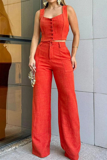 Conjunto informal de dos piezas con botones, cuello cuadrado y sin mangas