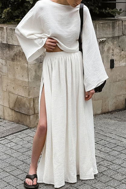 Conjunto de dos piezas informal con abertura y cuello redondo fruncido y manga larga