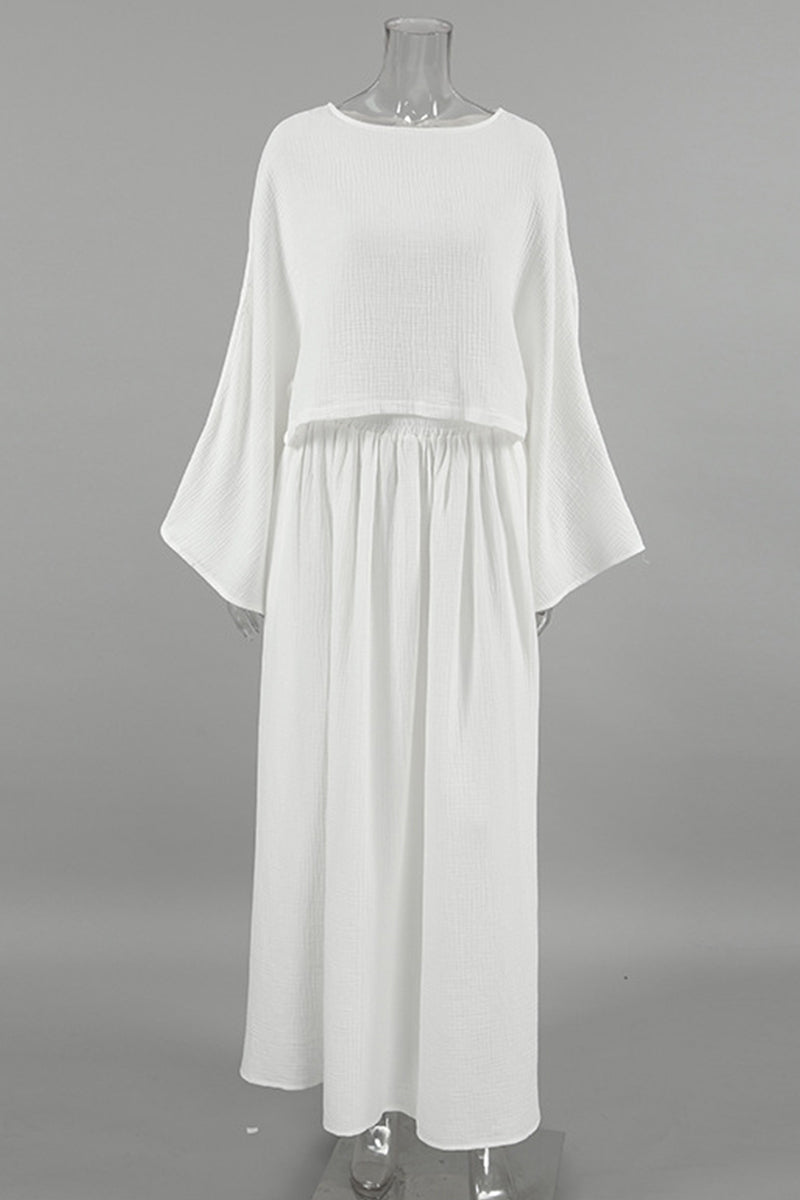 Conjunto de dos piezas informal con abertura y cuello redondo fruncido y manga larga