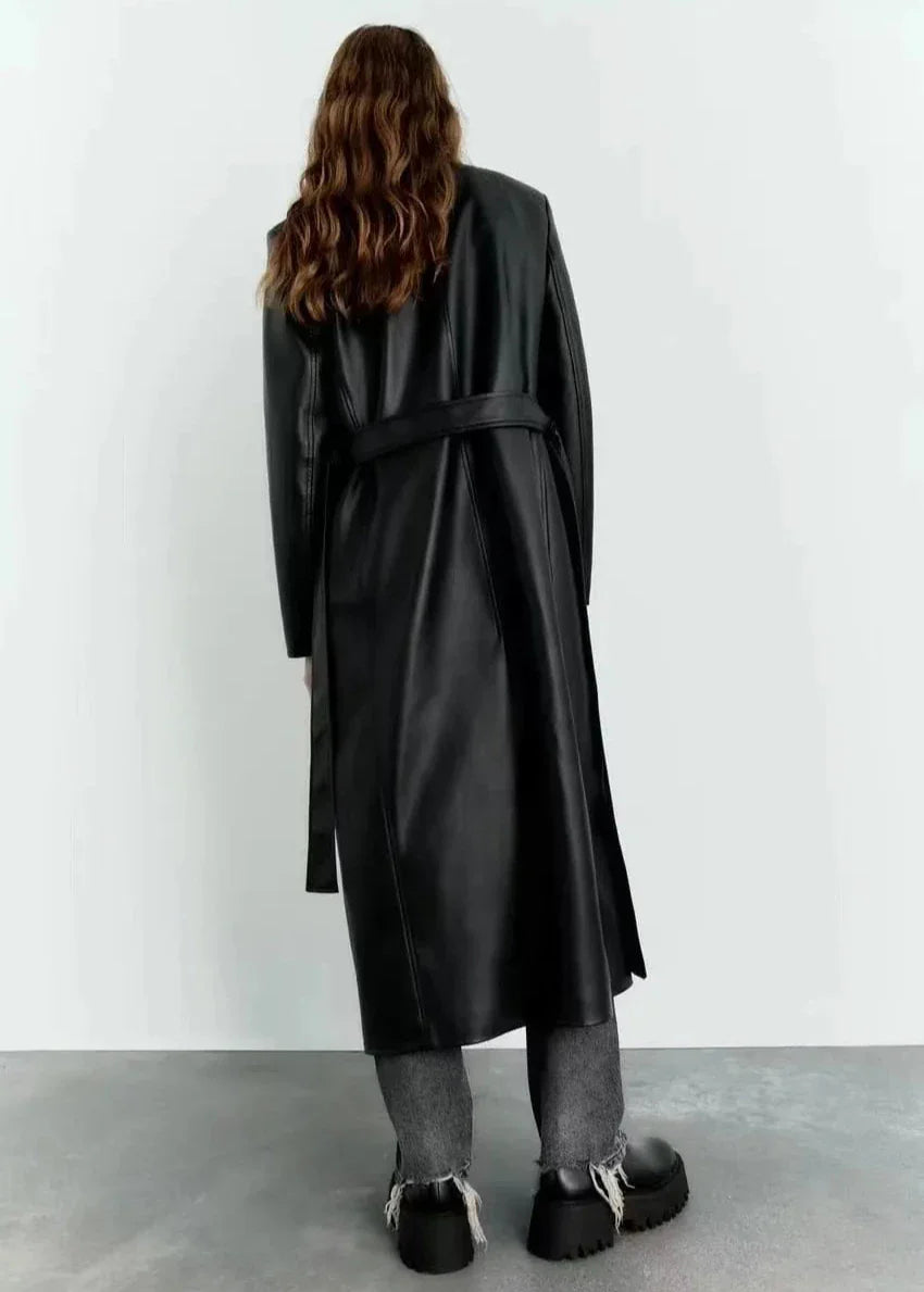 Black Belted Long Leather Wind Coat for Women
