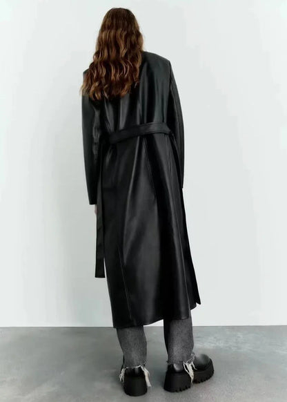 Black Belted Long Leather Wind Coat for Women