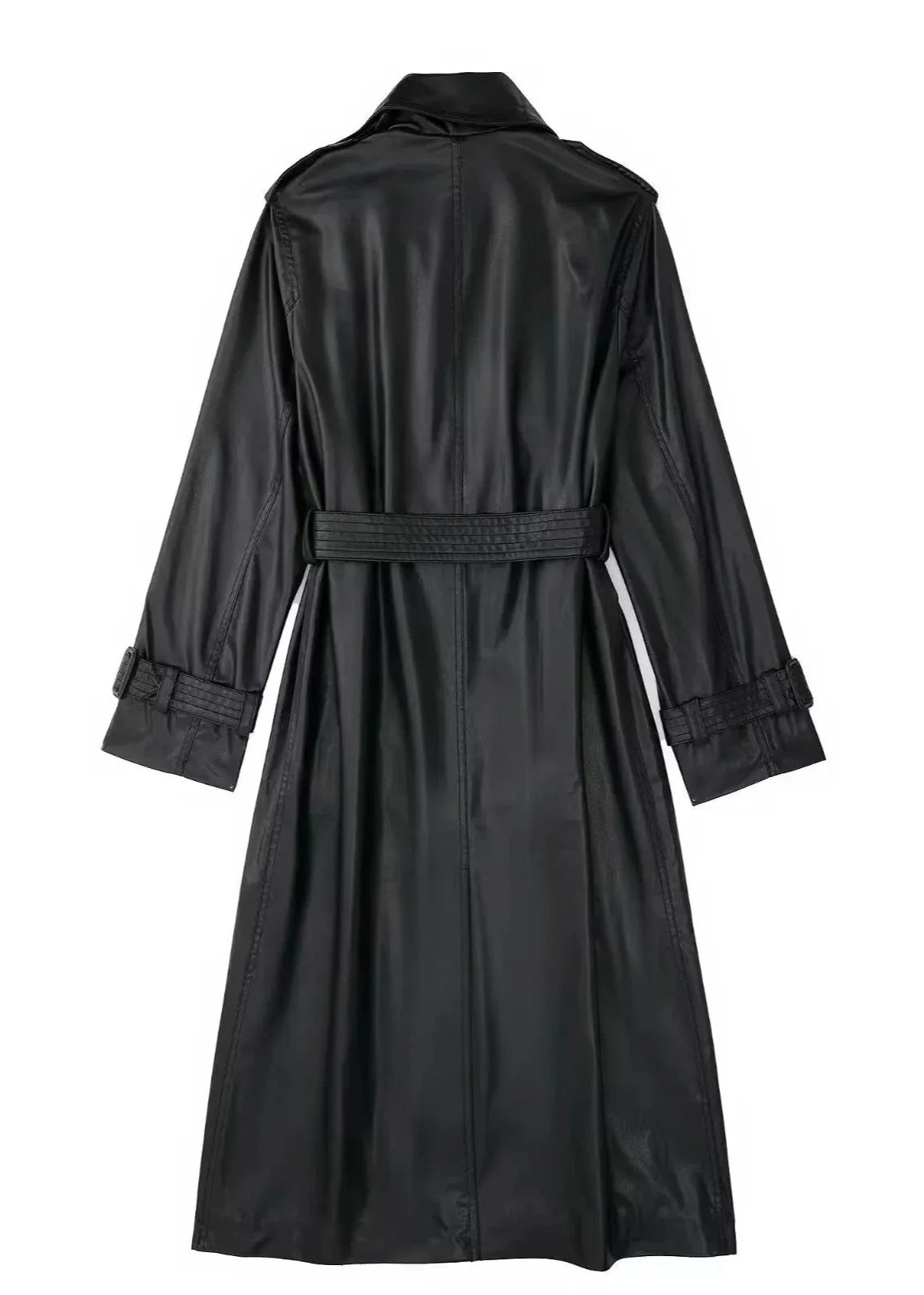 Black Belted Long Leather Wind Coat for Women