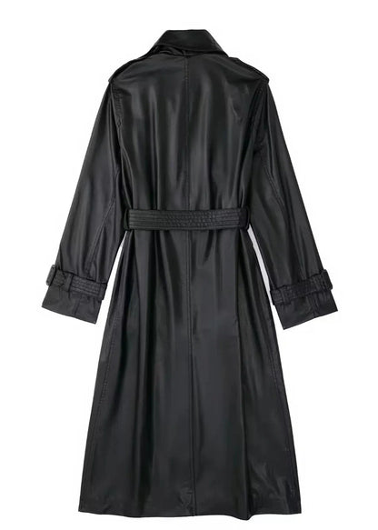 Black Belted Long Leather Wind Coat for Women