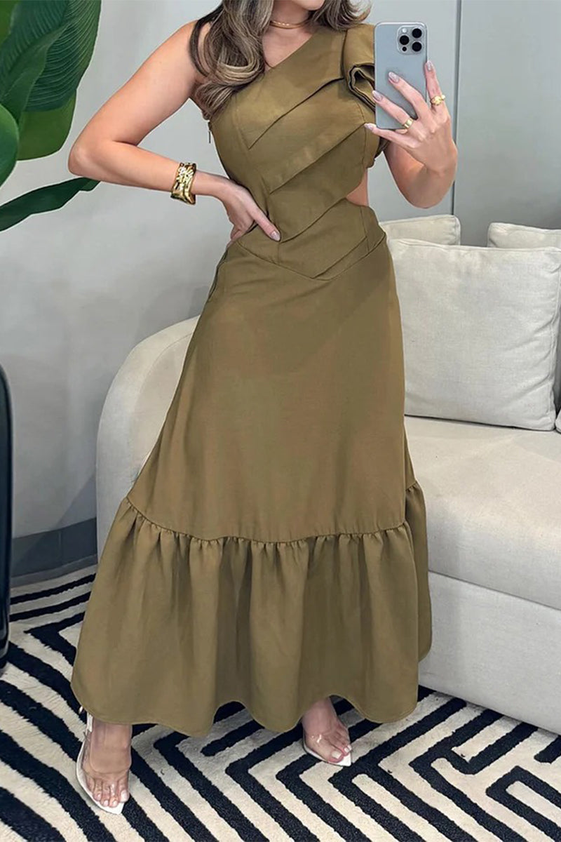 Elegante vestido plisado con hombros descubiertos y volantes calados