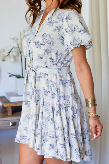 Vestidos elegantes de corte A con cuello en V y cordones con estampado de paisajes para uso diario