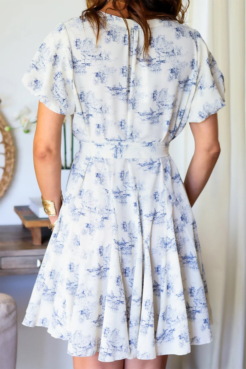 Vestidos elegantes de corte A con cuello en V y cordones con estampado de paisajes para uso diario