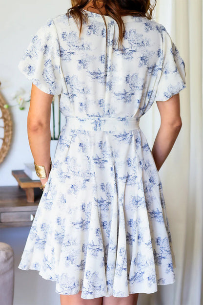 Vestidos elegantes de corte A con cuello en V y cordones con estampado de paisajes para uso diario