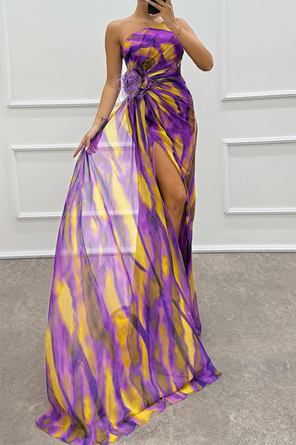 Vestido de noche sexy con estampado ombré, abertura irregular en contraste y hombros caídos (5 colores)