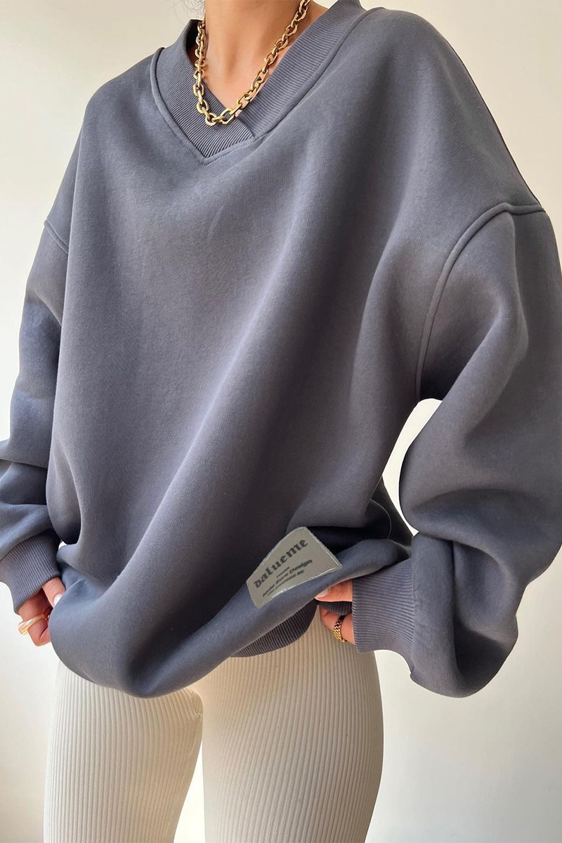 Sudadera informal con cuello en V y patchwork para uso diario