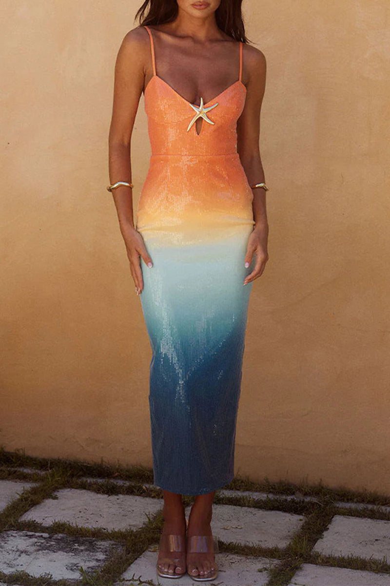 Vestidos sexis de lentejuelas con degradado de color y escote en V, falda de un solo paso (5 colores)