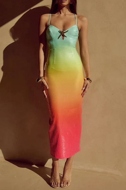 Vestidos sexis de lentejuelas con degradado de color y escote en V, falda de un solo paso (5 colores)