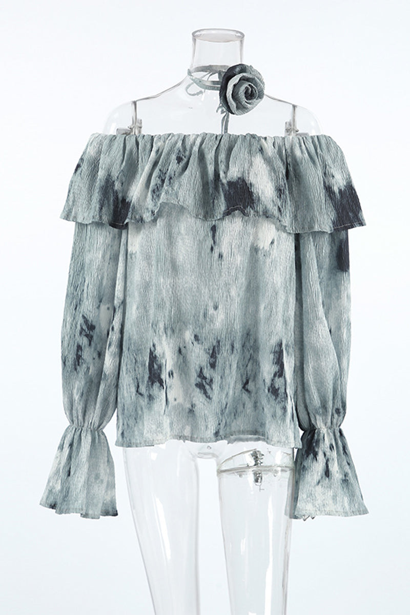 Blusa sexy con hombros descubiertos, flores y volantes teñidos anudados