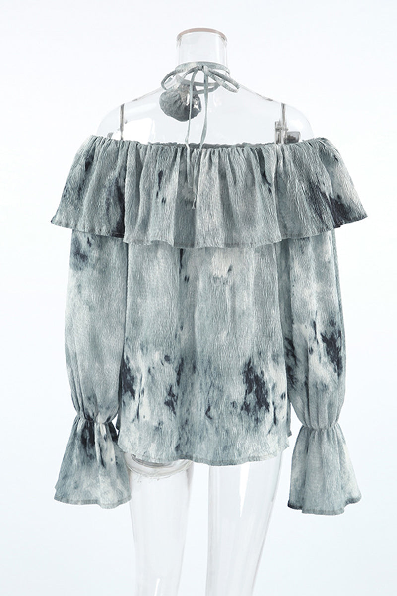 Blusa sexy con hombros descubiertos, flores y volantes teñidos anudados